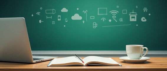 Neatly Arranged School Desk with an Open Notebook, Laptop, and a Cup of Coffee Symbolizing a Modern Workspace