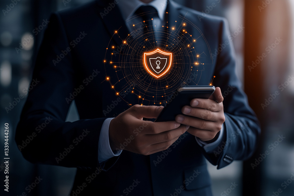 Poster mobile payment security protection. businessman interacting with a virtual shield icon for secure pa
