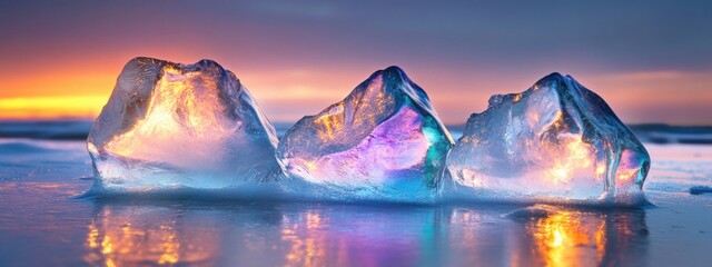 Light reflection and refraction in ice with vibrant colors at sunrise by the ocean shore