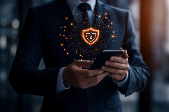 Mobile Payment Security Protection. businessman interacting with a virtual shield icon for secure payment confirmation, holding a smartphone in the background