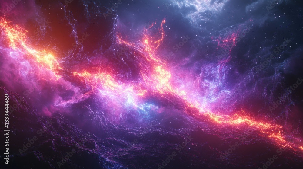 Poster cosmic fiery nebulae streaks across the void. vibrant colors swirl in an otherworldly display