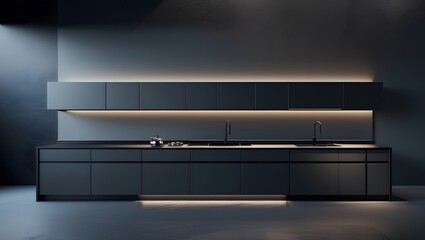 Dark matte modern kitchen room 3D rendering Design.