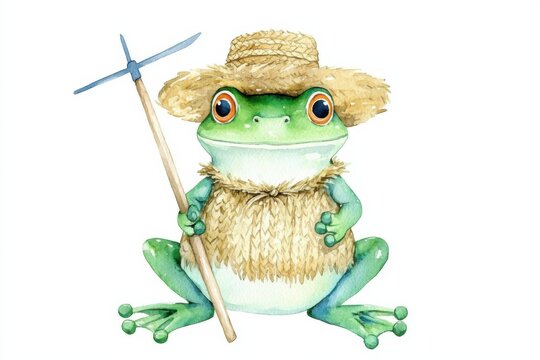 Watercolor frog farmer in straw hat garden setting whimsical art vibrant colors playful concept, isolated on white background