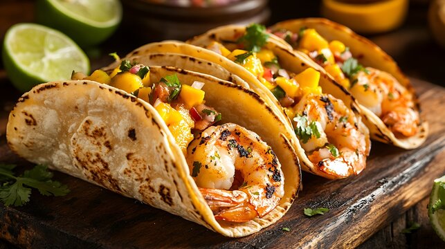 Three delicious shrimp tacos with mango salsa.