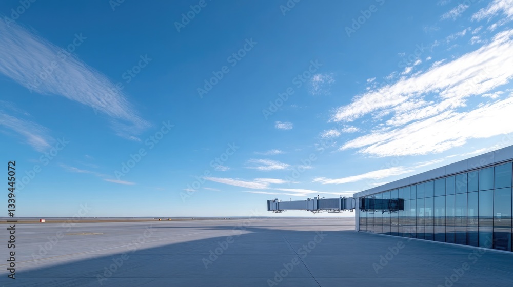 Poster jet bridge extending from terminal to airplane ready for boarding with copy space