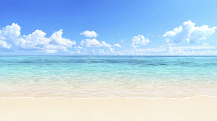 Obraz premium serene beach scene with clear blue water and fluffy clouds in sky