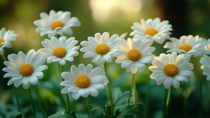 Fototapeta premium Daisy Flowers Bloom in Garden During Daytime, Showcasing White Petals and Yellow Centers