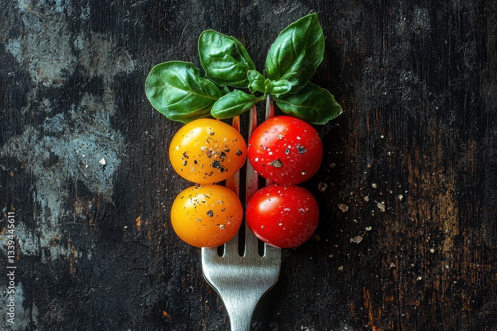 Poster Vibrant cherry tomatoes and fresh basil on a fork create a fresh culinary display in a rustic kitchen setting
