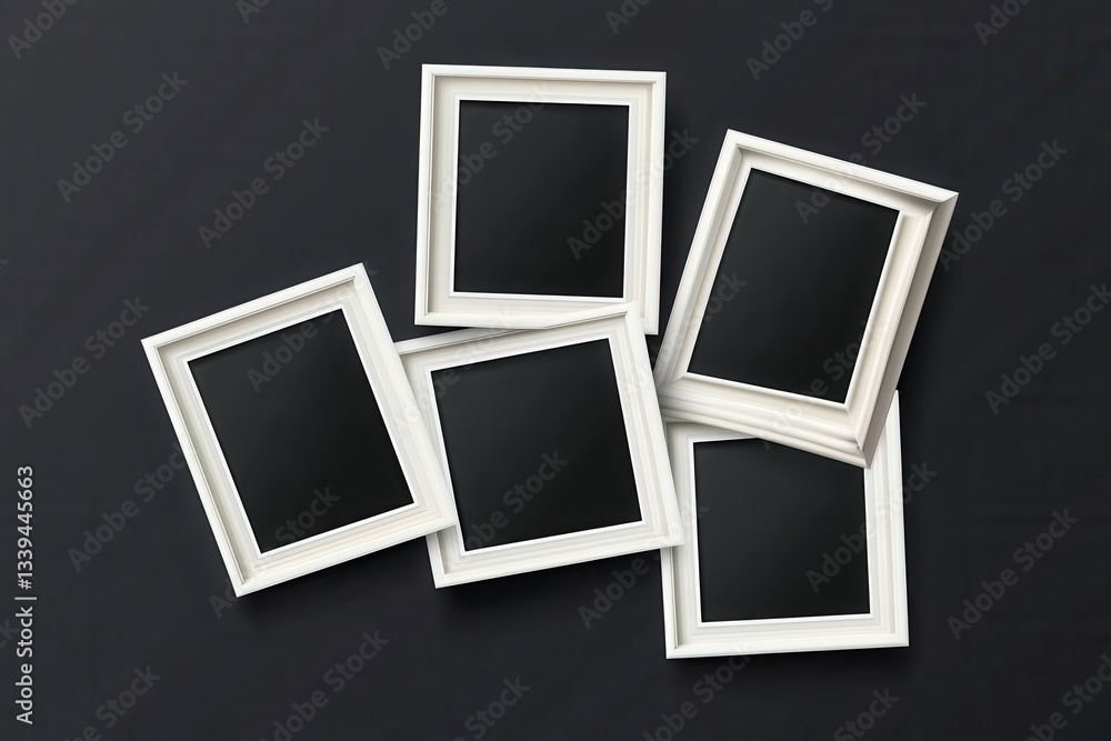 Poster collection of empty white picture frames arranged creatively on a black surface