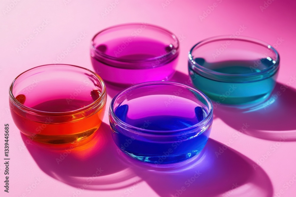 Poster colorful glass bowls filled with vibrant liquids create an artistic display on a bright background