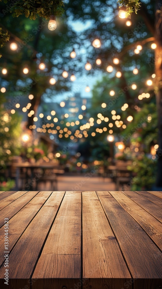 Aufkleber rustic wooden surface with blurred background of outdoor dining area illuminated by string lights cr