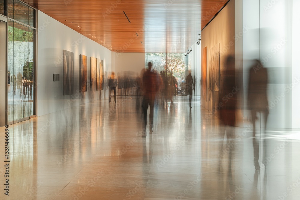 Poster visitors exploring a modern art gallery filled with intriguing artworks and natural light in a seren