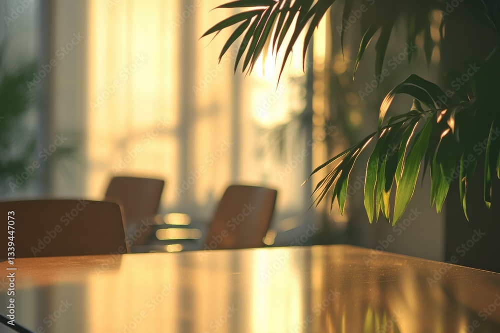 Poster natural sunlight streams through windows illuminating a modern indoor setting with plants and wooden