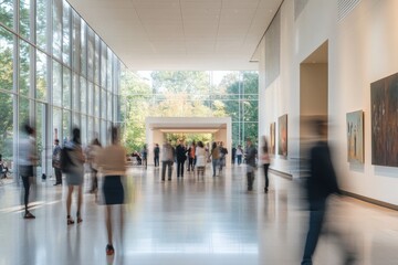 Visitors explore a modern art gallery surrounded by natural light and vibrant exhibits © Nyxoria
