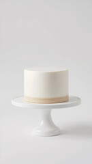 Elegant white wedding cake mockup on rotating stand &ndash; minimalist studio shot.