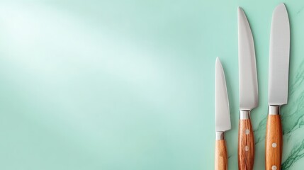 Three kitchen knives with wooden handles placed on a mint green background, ideal for cooking themes