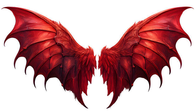 Fantasy dark red demon wings isolated on transparent background. Bloody red wings mockup	