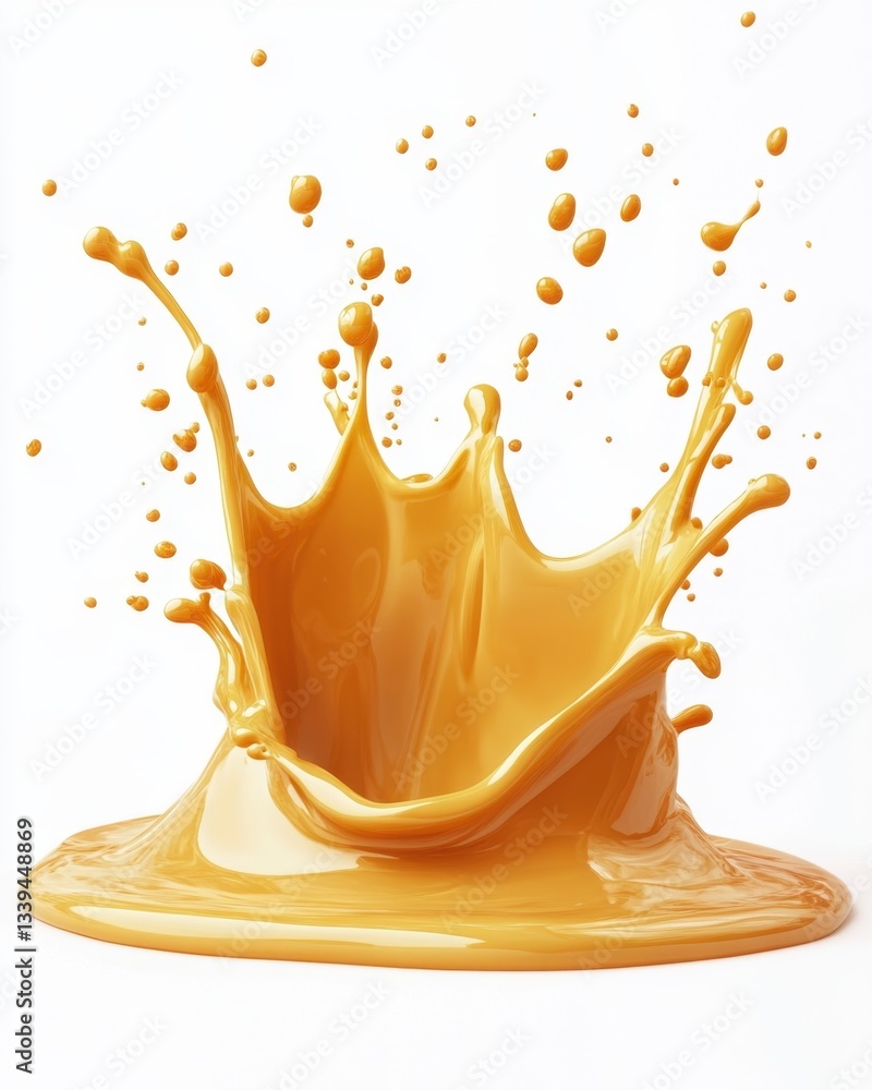 Poster golden liquid splash with dynamic droplets on white background creating abstract design and smooth t