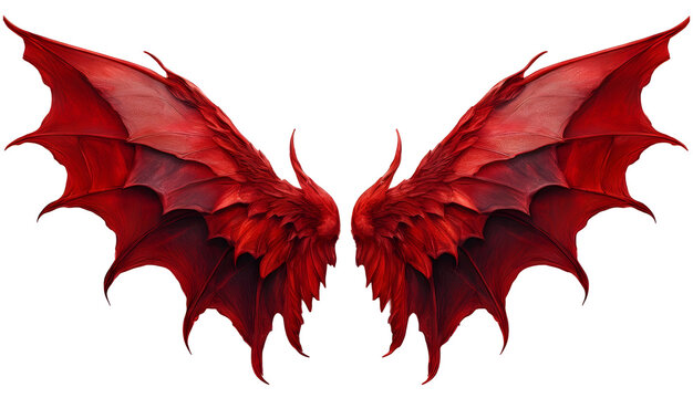 Fantasy dark red demon wings isolated on transparent background. Bloody red wings mockup	