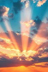 Fototapeta premium Radiant sunbeams piercing through the clouds at sunset creating a breathtaking celestial spectacle with vibrant colors and serene atmosphere