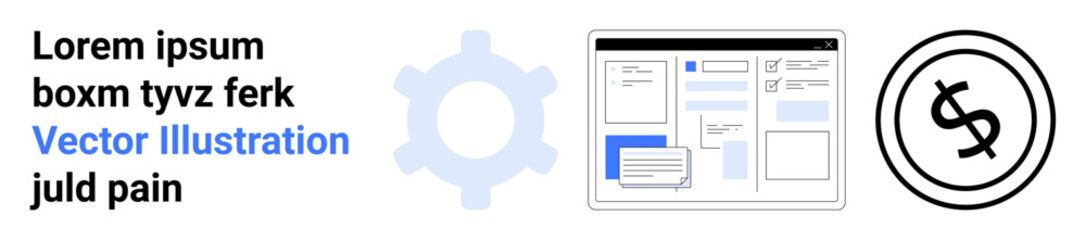 Gear symbol, web page interface with text blocks, and circular dollar sign for themes of technology, user interface, finance, and innovation. Ideal for tech, UI design, finance education startups