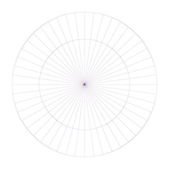 Polar coordinate circular grid isolated on white background. 360 degrees scale. Blank polar graph paper. Vector illustration. Mathematical graph. Lined blank on transparent background.