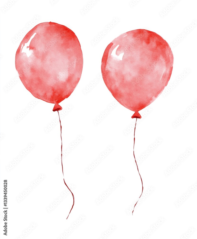 Poster Two red balloons floating with string on white background