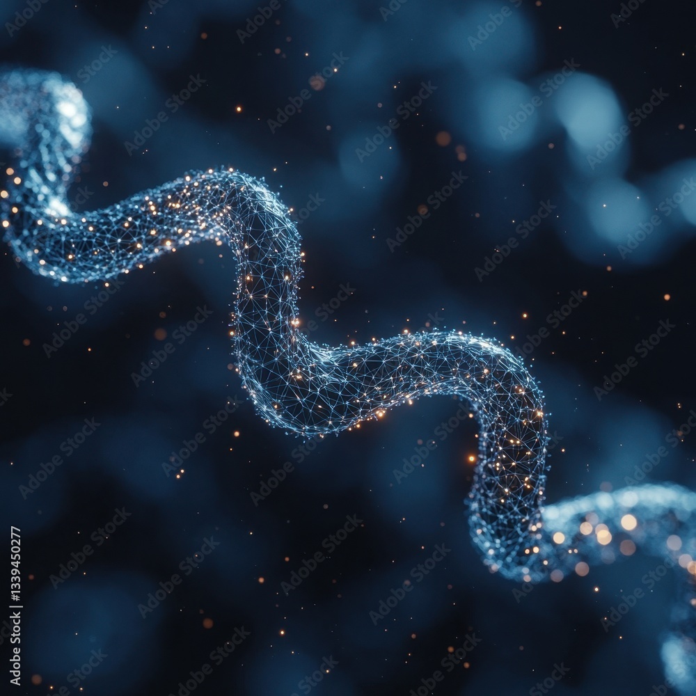 Poster abstract digital helix structure with glowing points on dark blue background for science and technol