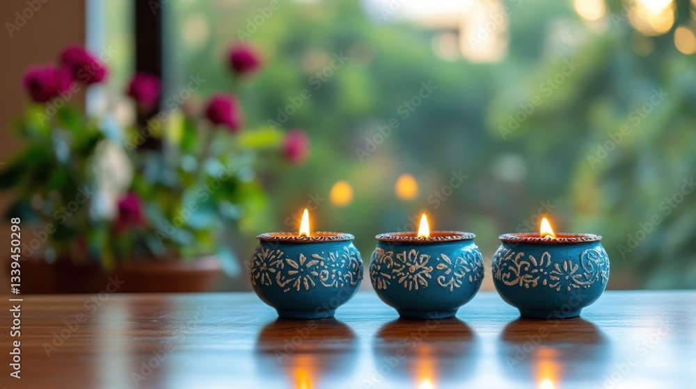 Poster serene tealight candles illuminate a wooden surface with a soft glow against a blurred floral backgr
