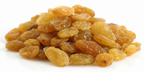 Heap of golden raisins on white background, clean and minimalistic style.