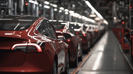 Red cars on assembly line in factory.