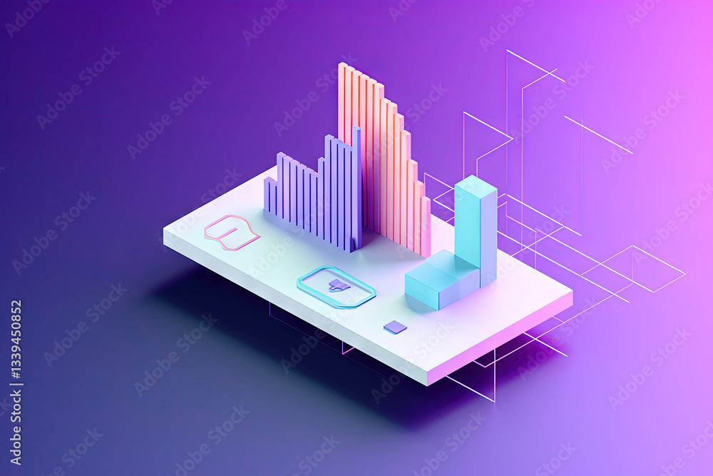 Poster 3D business graph with organized bars and information blocks. Abstract infographic element. Business growth and development to success concepts