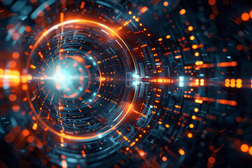 Futuristic digital tunnel with  glowing circular portal at center, filled with circuit patterns and vibrant orange and blue lights.