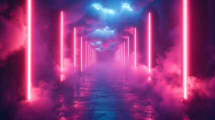 Neon Tunnel of Dreams: An otherworldly tunnel of neon lights and vapor, an enthralling composition of light and mist creates a surreal atmosphere.