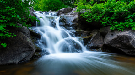 Obraz premium Gentle Waterfall into Serene Pool, Waterfall Over Smooth Rocks, Tranquil Waterfall and Clear Pool, Cascading Waterfall in Lush Greenery, Peaceful Waterfall in Nature, Calm Waterfall and Green Surround