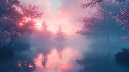 Mystical Dusk over Serene Lake: A tranquil scene unfolds as twilight casts a soft, ethereal glow over a still lake reflecting the vibrant hues of a sunset sky.