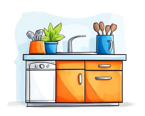 Orange kitchen counter, utensils, plant, sink, dishwasher, illustration