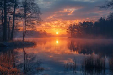 Serene Sunrise Illuminating Calm Waters of a Tranquil Lake Surrounded by Lush Greenery