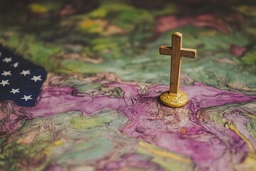 Wooden Cross on Abstract Map for USA Flag.