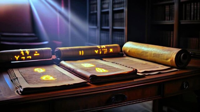 Ancient scrolls with Vikings Rune language alphabets, Old vintage religious scriptures with glowing letters in the old library, sunlight through the window falling on big open paper scrips on table