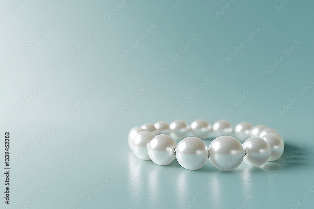 Poster minimalist 3d rendering of pearl bracelet displayed on clean reflective surface with soft lighting a