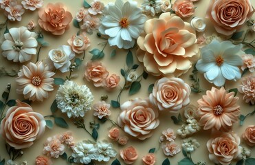 Elegant Floral Composition Features Peach, Orange, and White Flowers With Leafy Stems