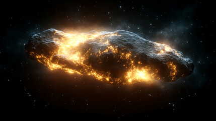 Celestial Inferno: A colossal asteroid blazes with radiant, fiery energy, hurtling through the infinite expanse of space, a dramatic spectacle of cosmic power.