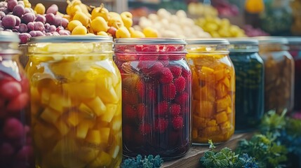 Close-up image of Pickled Foods focusing on intricate details of vegetables and fruits in jars, highlighting textures, colors, and variety, creating an appetizing, immersive scene.