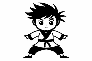cute little karate boy line art silhouette vector illustration