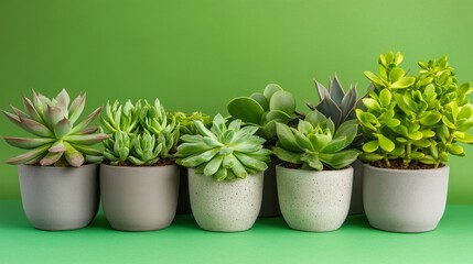 Obraz premium A vibrant display of various succulent plants in modern pots against a green backdrop