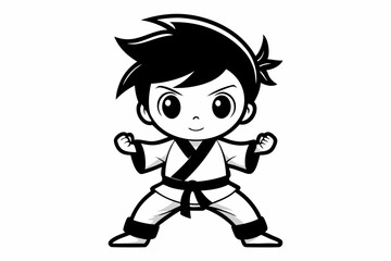 cute little karate boy line art silhouette vector illustration
