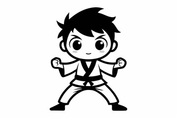 cute little karate boy line art silhouette vector illustration