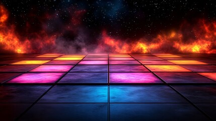 Glowing neon floor with fire and smoke.