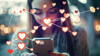 Phone with like notification icons floating above her smartphone screen in hands of young woman. Social network concept